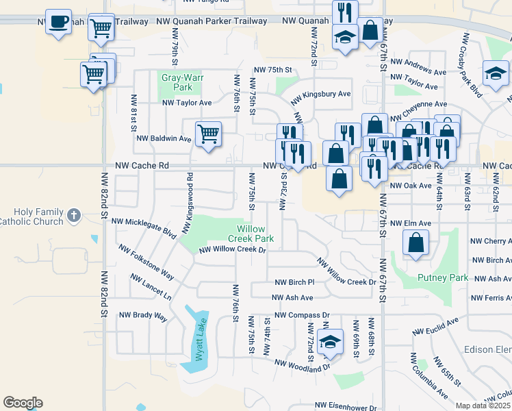map of restaurants, bars, coffee shops, grocery stores, and more near 1119 Northwest 75th Street in Lawton