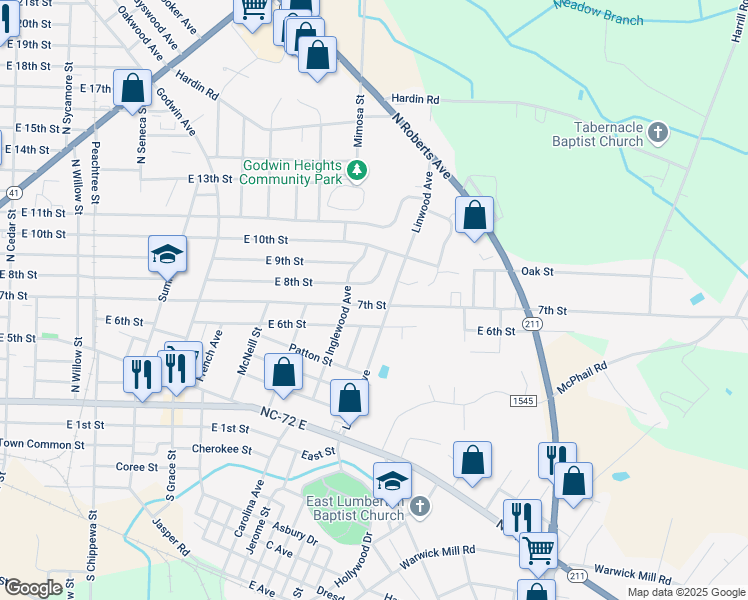 map of restaurants, bars, coffee shops, grocery stores, and more near 1418 East 8th Street in Lumberton