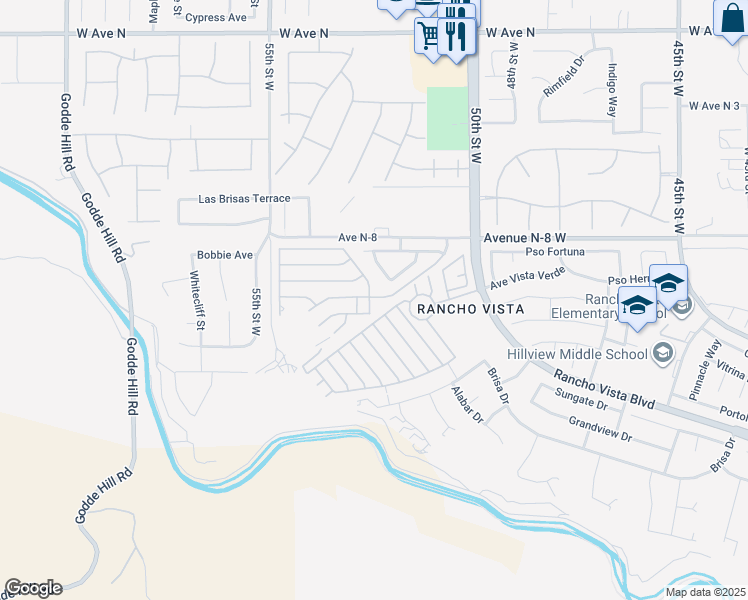 map of restaurants, bars, coffee shops, grocery stores, and more near 40653 Oakbridge Way in Palmdale
