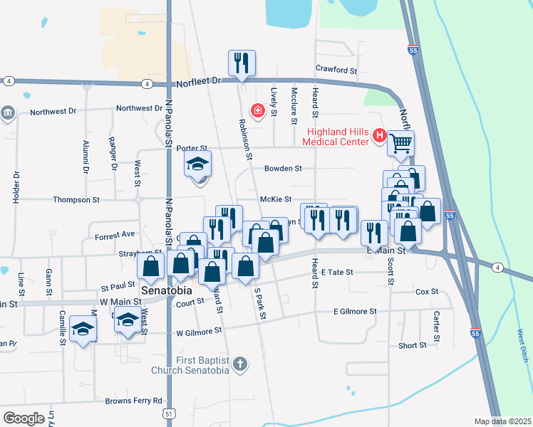 map of restaurants, bars, coffee shops, grocery stores, and more near 121 Robinson Street in Senatobia