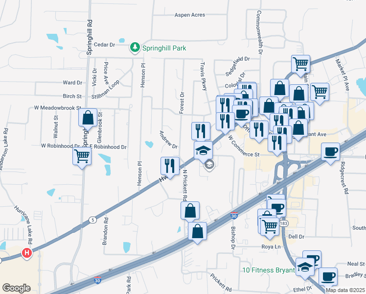 map of restaurants, bars, coffee shops, grocery stores, and more near 1314 Sunset Gardens East in Bryant