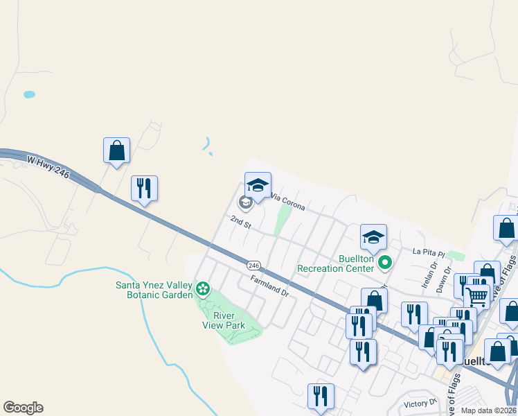map of restaurants, bars, coffee shops, grocery stores, and more near 595 2nd Street in Buellton