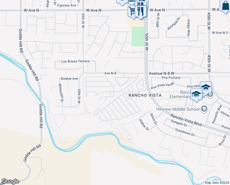 map of restaurants, bars, coffee shops, grocery stores, and more near 40653 Oakbridge Way in Palmdale