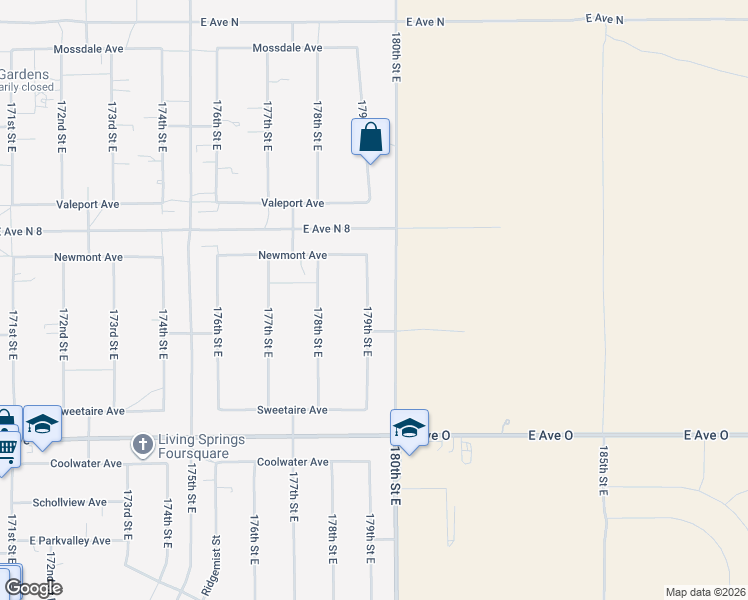 map of restaurants, bars, coffee shops, grocery stores, and more near 40702 179th Street East in Lancaster