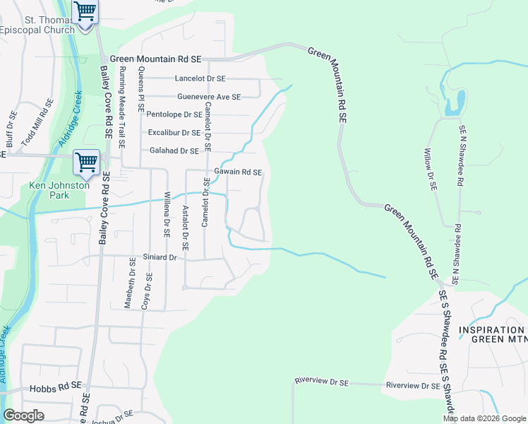 map of restaurants, bars, coffee shops, grocery stores, and more near 2701 Gawain Road Southeast in Huntsville