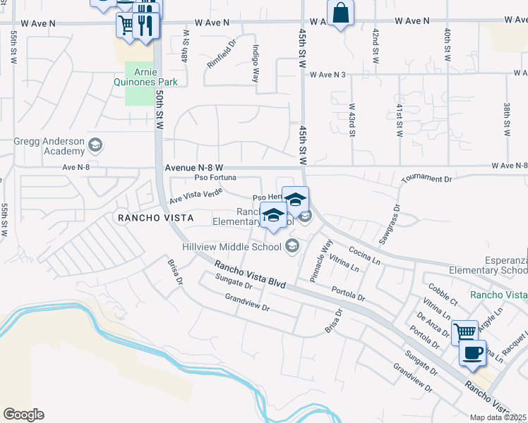 map of restaurants, bars, coffee shops, grocery stores, and more near 40651 Maestro Lane in Palmdale
