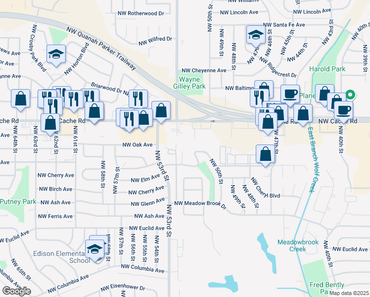 map of restaurants, bars, coffee shops, grocery stores, and more near 1109 Northwest 52nd Street in Lawton