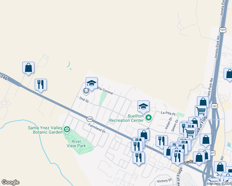 map of restaurants, bars, coffee shops, grocery stores, and more near 537 Valley Dairy Road in Buellton