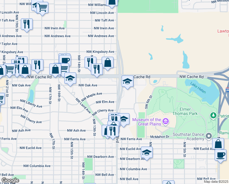 map of restaurants, bars, coffee shops, grocery stores, and more near 1202 Northwest Fort Sill Boulevard in Lawton