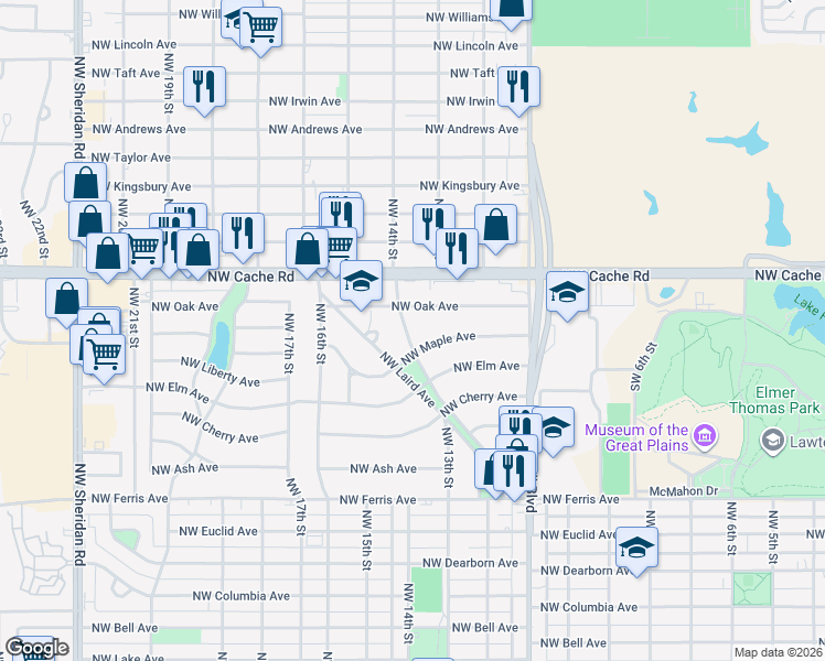 map of restaurants, bars, coffee shops, grocery stores, and more near 1207 Northwest Parkview Boulevard in Lawton