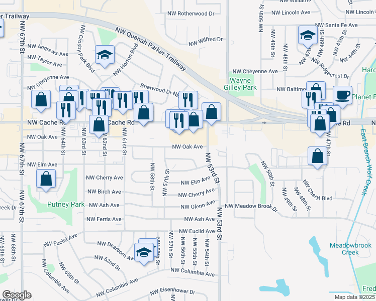 map of restaurants, bars, coffee shops, grocery stores, and more near 5304 Northwest Oak Avenue in Lawton