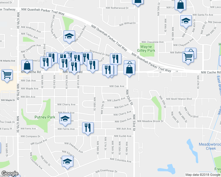 map of restaurants, bars, coffee shops, grocery stores, and more near 5318 Northwest Oak Avenue in Lawton