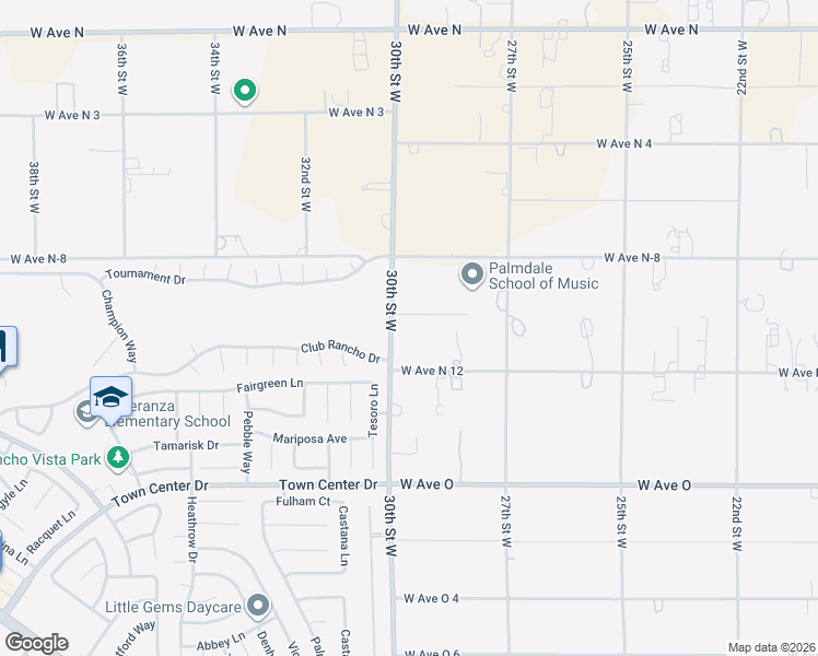 map of restaurants, bars, coffee shops, grocery stores, and more near 30th Street West in Palmdale