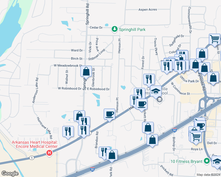 map of restaurants, bars, coffee shops, grocery stores, and more near 2908 Whistling Pine Street in Bryant