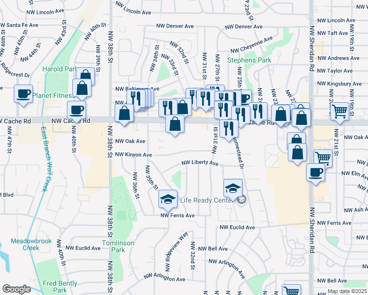 map of restaurants, bars, coffee shops, grocery stores, and more near 3121 Northwest Kinyon Avenue in Lawton