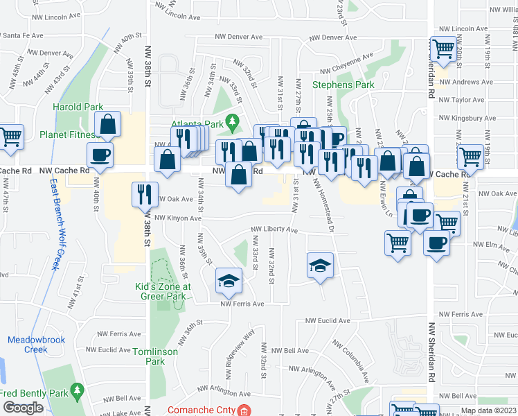 map of restaurants, bars, coffee shops, grocery stores, and more near 3121 Northwest Kinyon Avenue in Lawton