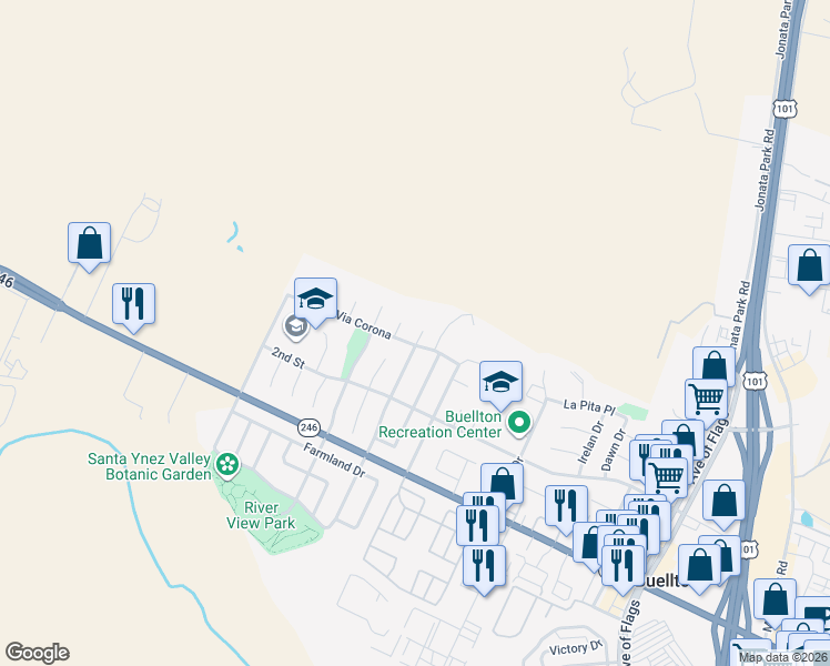 map of restaurants, bars, coffee shops, grocery stores, and more near 537 Valley Dairy Rd in Buellton
