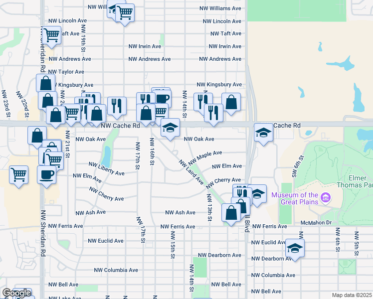 map of restaurants, bars, coffee shops, grocery stores, and more near 1111 Northwest Laird Avenue in Lawton