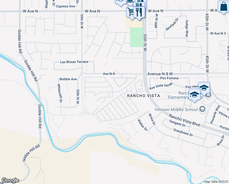 map of restaurants, bars, coffee shops, grocery stores, and more near Entrar Drive in Palmdale