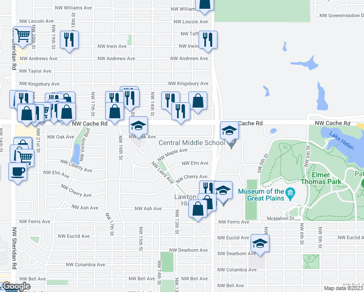 map of restaurants, bars, coffee shops, grocery stores, and more near 1125 NW Maple Ave in Lawton