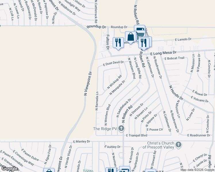 map of restaurants, bars, coffee shops, grocery stores, and more near 5428 North Wickiup Road in Prescott Valley