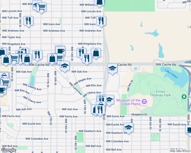 map of restaurants, bars, coffee shops, grocery stores, and more near 1111 NW Maple Ave in Lawton