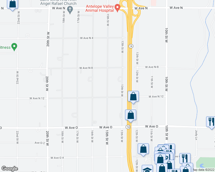 map of restaurants, bars, coffee shops, grocery stores, and more near 15th Street West in Palmdale