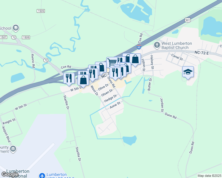map of restaurants, bars, coffee shops, grocery stores, and more near 2909-2921 Olsen Drive in Lumberton
