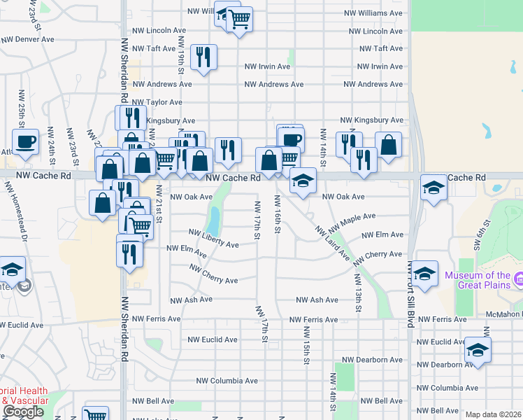 map of restaurants, bars, coffee shops, grocery stores, and more near 831 Northwest 17th Street in Lawton
