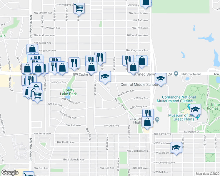 map of restaurants, bars, coffee shops, grocery stores, and more near 1111 Northwest Laird Avenue in Lawton