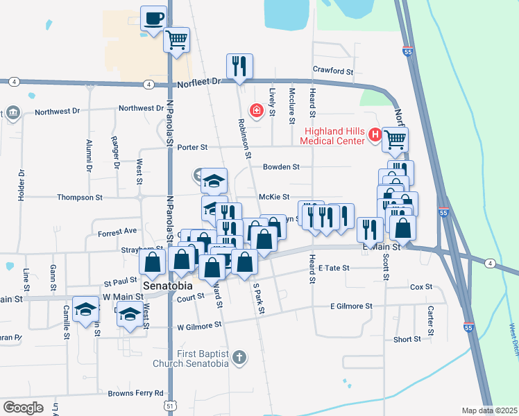 map of restaurants, bars, coffee shops, grocery stores, and more near 121 Robinson Street in Senatobia