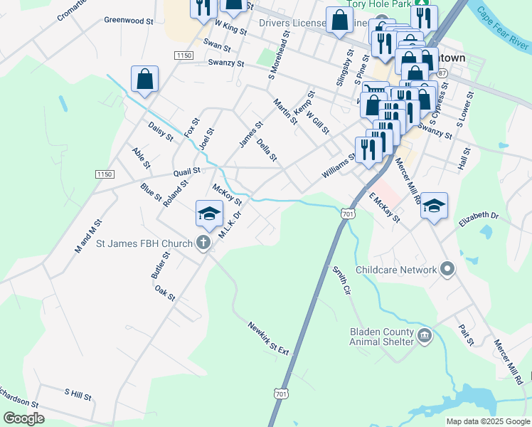 map of restaurants, bars, coffee shops, grocery stores, and more near Williams Street in Elizabethtown