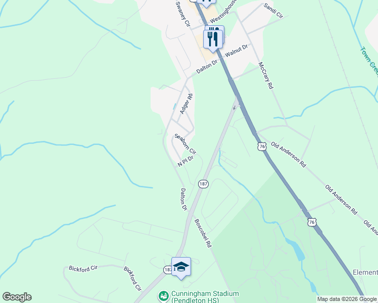 map of restaurants, bars, coffee shops, grocery stores, and more near Samuel Street in Anderson