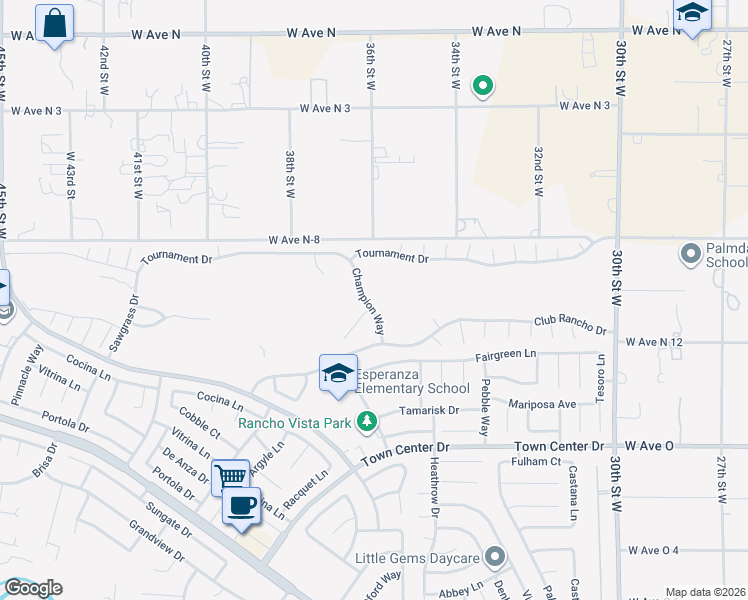 map of restaurants, bars, coffee shops, grocery stores, and more near 40664 Champion Way in Palmdale