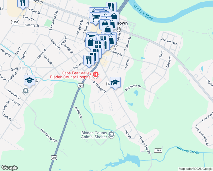 map of restaurants, bars, coffee shops, grocery stores, and more near 208 Mercer Mill Road in Elizabethtown