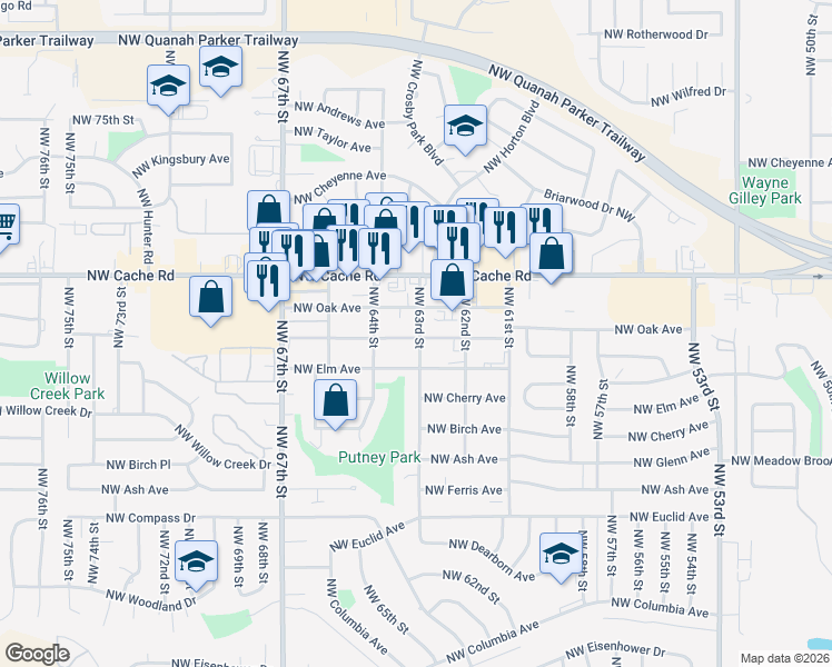 map of restaurants, bars, coffee shops, grocery stores, and more near 6211 Northwest Maple Avenue in Lawton