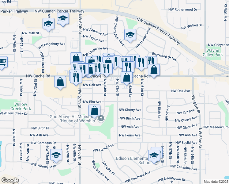 map of restaurants, bars, coffee shops, grocery stores, and more near 6312 Northwest Maple Avenue in Lawton