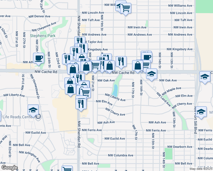map of restaurants, bars, coffee shops, grocery stores, and more near 1909 Northwest Kinyon Avenue in Lawton