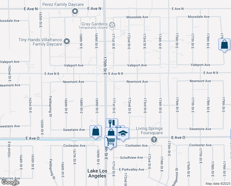 map of restaurants, bars, coffee shops, grocery stores, and more near 40646 171st Street East in Lancaster