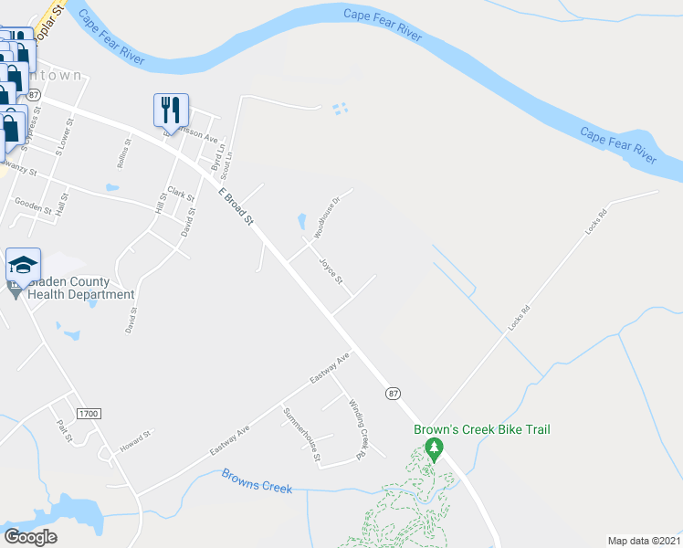 map of restaurants, bars, coffee shops, grocery stores, and more near 1371 Joyce Street in Elizabethtown