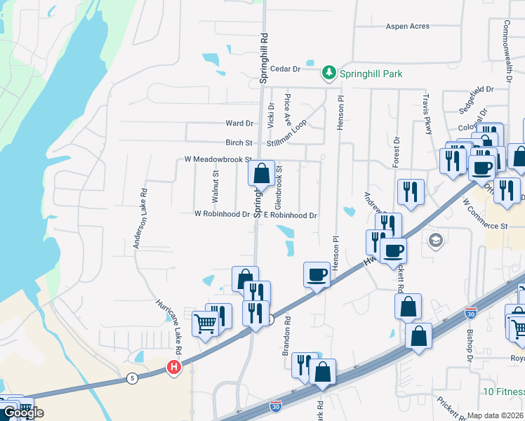 map of restaurants, bars, coffee shops, grocery stores, and more near 2424 East Robinhood Drive in Bryant