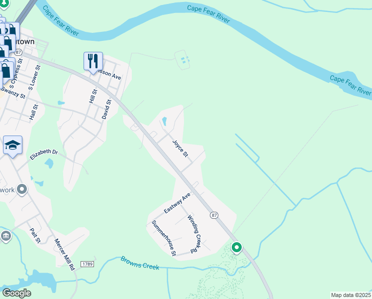 map of restaurants, bars, coffee shops, grocery stores, and more near 1371 Joyce Street in Elizabethtown