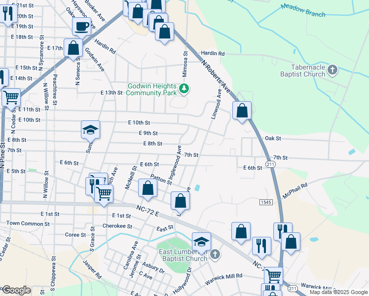 map of restaurants, bars, coffee shops, grocery stores, and more near 1418 East 8th Street in Lumberton