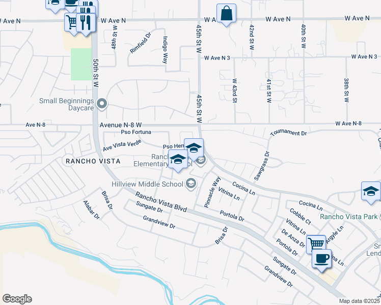 map of restaurants, bars, coffee shops, grocery stores, and more near 4535 Talento Way in Palmdale