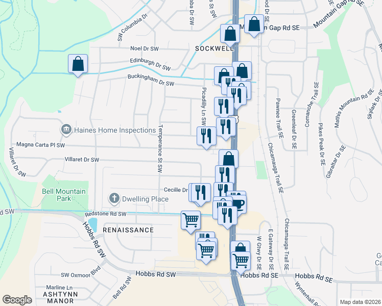 map of restaurants, bars, coffee shops, grocery stores, and more near 2112 Villaret Drive Southwest in Huntsville