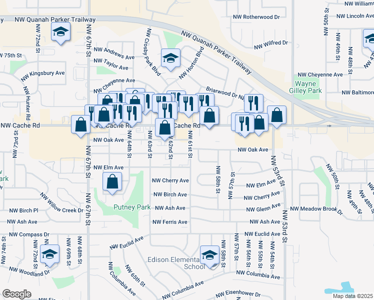 map of restaurants, bars, coffee shops, grocery stores, and more near 1108 Northwest 61st Street in Lawton