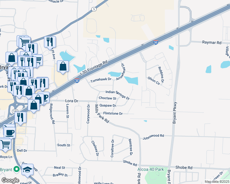 map of restaurants, bars, coffee shops, grocery stores, and more near 104 Indian Springs Drive in Bryant