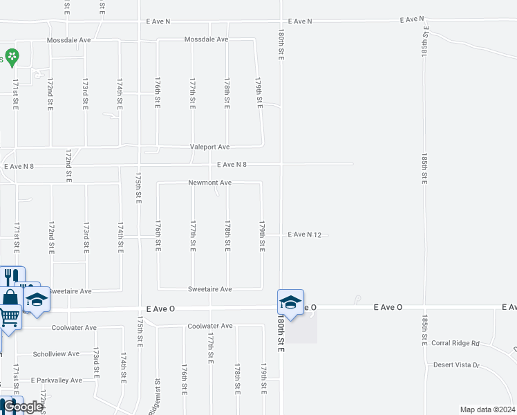 map of restaurants, bars, coffee shops, grocery stores, and more near 40703 179th Street East in Lancaster
