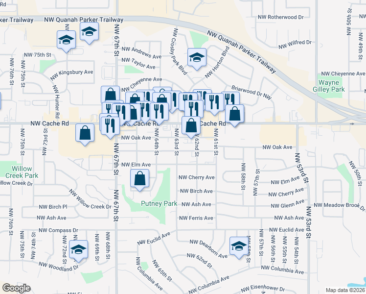 map of restaurants, bars, coffee shops, grocery stores, and more near 6211 Northwest Maple Avenue in Lawton