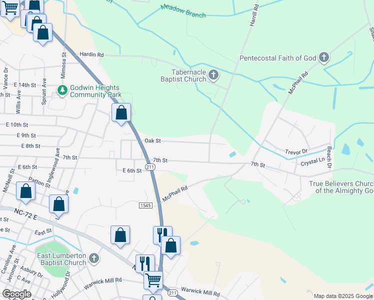 map of restaurants, bars, coffee shops, grocery stores, and more near 2119 East 7th Street in Lumberton